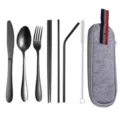 Portable stainless steel cutlery set with fork spoon knife chopsticks straws and felt bag. - Grey Bag + Black 8-Piece Set / Knife Spoon Fork Chopsticks Straw Brush