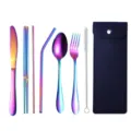 Regenbogen Edelstahl tragbares Besteckset mit Strohhalmen, Löffel, Gabel und Aufbewahrung. - 7-teiliges Set / Dunkelblaue Tasche + Regenbogen