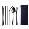 Tragbares Besteckset aus rostfreiem Edelstahl mit Etui für Reisen und Outdoor schwarz. - 7-teiliges Set / Dunkelblaue Tasche + Schwarz