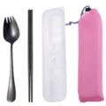 Portable stainless steel tableware set with spork, chopsticks, storage case and pink mesh bag. - Cutlery Set with Pink Bag / Black