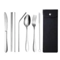 Tragbares Besteckset aus Edelstahl mit Aufbewahrungstasche, Gabel, Löffel und Messern. - 7-teiliges Set / Dunkelschwarze Tasche + Natürlicher Stahl