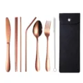 Tragbares Besteckset aus Edelstahl in Roségold mit Filztasche für Outdoor Reisen neu. - 7-teiliges Set / Dunkelschwarze Tasche + Roségold
