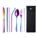 Edelstahl Regenbogen Besteckset tragbar Outdoor Messer Löffel Gabel mit Aufbewahrungstasche - 7-teiliges Set / Dunkelschwarze Tasche + Regenbogen