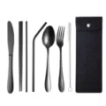 Tragbares matt schwarzes Edelstahl Besteck Set mit Aufbewahrungstasche fur Reisen - 7-teiliges Set / Dunkelschwarze Tasche + Schwarz