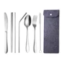 Tragbares Edelstahl-Besteckset mit Strohhalm Gabel Löffel Messer und Filz-Aufbewahrungstasche. - 7-teiliges Set / Dunkelgraue Tasche + Natürliches Stahlbesteck / Silber