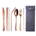 Tragbares Edelstahl-Besteckset mit Roségold-Finish und grauem Filz-Aufbewahrungsbeutel. - 7-teiliges Set / Dunkelgraue Tasche + Roségoldenes Besteck / Roségold