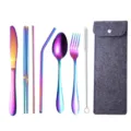 Regenbogen Edelstahl tragbares Besteckset mit grauer Filzaufbewahrungstasche für Outdoor - 7-teiliges Set / Dunkelgraue Tasche + Regenbogen Besteck / AB-Farbe