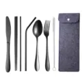 Tragbares schwarzes Besteckset aus Edelstahl mit Gabel, Löffel, Messer und grauer Filztasche. - 7-teiliges Set / Dunkelgraue Tasche + Schwarzes Besteck / Schwarz
