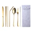 Tragbares goldenes Edelstahl Besteckset mit Gabel Messer Löffel Strohhalm und Tasche. - 7-teiliges Set / Weißgraue Tasche + Goldenes Besteck / Gold
