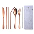Roségoldenes Edelstahl Besteck Set tragbar mit grauem Filzbeutel für Outdoor Reisen. - 7-teiliges Set / Weißgraue Tasche + Roségoldenes Besteck / Roségold