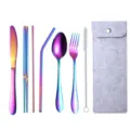 Buntes edelstahl besteck set tragbar mit gabel löffel messer strohhalmen und tasche. - 7-teiliges Set / Weißgraue Tasche + Regenbogen Besteck / AB-Farbe