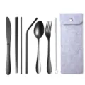 Tragbares schwarzes Besteckset aus Edelstahl mit Gabel Löffel Messer Strohhalm Tasche - 7-teiliges Set / Weißgraue Tasche + Schwarzes Besteck / Schwarz