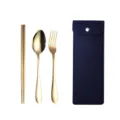 Tragbares Besteckset aus Edelstahl mit Löffel, Gabel, Stäbchen und Aufbewahrungstasche. - Löffel Gabel Und Essstäbchen / Dunkelblaue Tasche + Gold / Gold