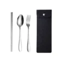 Tragbares Besteckset aus Edelstahl mit Stäbchen, Löffel, Gabel und grauem Filz-Aufbewahrungsbeutel. - Löffel Gabel Und Essstäbchen / Dunkelschwarze Tasche + Silbernes Besteck / Silber