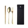 Goldenes edelstahl tragbares besteckset mit stäbchen löffel gabel und filztasche für reisen. - Löffel Gabel Und Essstäbchen / Dunkelschwarze Tasche + Gold / Gold