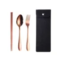 Tragbares Edelstahl Besteckset mit Roségold Gabel Löffel Stäbchen und Aufbewahrungstasche. - Löffel Gabel Und Essstäbchen / Dunkelschwarze Tasche + Roségold / Roségold