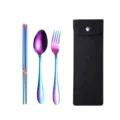Tragbares Edelstahl Regenbogen Besteckset mit Gabel, Löffel, Stäbchen und Tasche. - Löffel Gabel Und Essstäbchen / Dunkelschwarze Tasche + Regenbogen / AB-Farbe