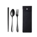 Tragbares Edelstahl Besteckset mit schwarzen Stäbchen Löffel Gabel und Filztasche. - Löffel Gabel Und Essstäbchen / Dunkelschwarze Tasche + Schwarz / Schwarz