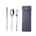 Tragbares edelstahl besteck set mit esslöffel gabel stäbchen und grauem filz aufbewahrungstasche. - Dreiteiliges Set / Dunkelgraue Tasche + Natürliches Stahlbesteck