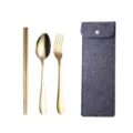 Goldenes Edelstahl Besteckset Tragbares Geschirr mit Filztasche fuer Outdoor Reisen - Dreiteiliges Set / Dunkelgraue Tasche + Goldenes Besteck