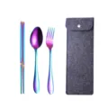 Regenbogen Besteck Set aus Edelstahl mit grauem Filzetui, tragbares Outdoor-Geschirr. - Dreiteiliges Set / Dunkelgraue Tasche + Regenbogen Besteck
