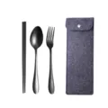 Edelstahl Besteck Set in Schwarz, tragbares Reisebesteck mit grauer Filztasche für Outdoor. - Dreiteiliges Set / Dunkelgraue Tasche + Schwarzes Besteck