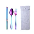 Tragbares Regenbogen Edelstahl Besteckset mit grauer Filztasche fur Outdoor-Reisen. - Dreiteiliges Set / Weißgraue Tasche + Regenbogen Besteck