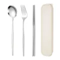 Edelstahl tragbares Besteckset, silberner Löffel Gabel Stäbchen mit beige Aufbewahrungsbox. - Silberne Löffel-, Gabel- & Stäbchen-Sets