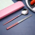 Tragbares Edelstahl Besteckset mit rosa Griff, Löffel und Stäbchen für den täglichen Gebrauch. - Set aus Löffel und Essstäbchen in Rosa-Silber
