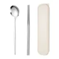 Tragbares Edelstahl Besteck Löffel Stäbchen Set mit Aufbewahrungsbox Beige Variante - Löffel- & Essstäbchen-Set Naturfarben