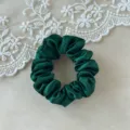 Dark green satin hair scrunchie detail shot, smooth glossy fabric and elastic band design. - Small Size Dark Green 9cm