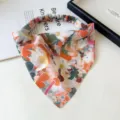 Detailed shot of women floral tie dye chiffon triangle headband elastic hair wrap spring accessory - Small Pink Tie-Dye Bandana