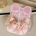 Sweet pink plaid hair scrunchie with lace trim and pearl bow, cute Korean hair accessory. - Pearl Bowknot / Pink