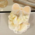 Sweet yellow plaid hair scrunchie with delicate lace trim and cute flower button detail. - Button Bow / Yellow