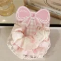 Sweet pink plaid hair scrunchie with lace trim and cute bow card detail for women and girls - Button Bow / Pink