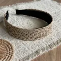 Boho straw woven wide headband for women, stylish seaside vacation hair hoop accessories. - Rattan Woven Beige