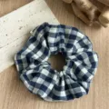 Blue white checkered fabric hair scrunchie detail view, soft daily hair accessory. - Black Coarse Check