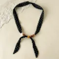 Retro black polka dot fabric scarf necklace with wooden beads adjustable clavicle chain accessory - Black Polka Dot Beaded Silk Scarf