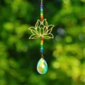 Lotus colored crystal suncatcher detail, hanging rainbow prism pendant for garden decor. - Silver Lotus / Silver