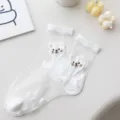 Niedliche Cartoon Bär weiße transparente Kristallseide Socken Damen Sommer Baumwollboden. - Teddybär / Weiß