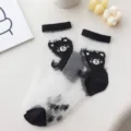 Transparente Kristallseide Damensocken mit süßem schwarzen Bärenmuster, dünne Sommersocken. - Teddybär / Transparent Schwarz