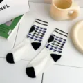 Women cotton mid tube socks black blue houndstooth casual cute cozy fashion daily wear hosiery - White Houndstooth