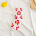 Katoenen kuitlange sokken voor dames met schattig glimlachend bloemmotief, modieuze stijl. - Eén maat / Wit