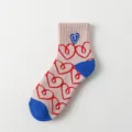 Dames dikke katoenen korte sokken met roze hartjespatroon en blauwe hiel, comfortabele winter. - Eén maat / Kaki ribboord met dubbele harten