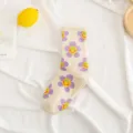 Leuke katoenen middelhoge sokken met paars smiley bloemenpatroon, comfortabel en stijlvol. - Eén maat / Khaki