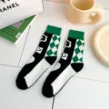Trendy green and black checkerboard diamond cotton mid-tube socks for women daily wear. - Green Diamond