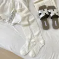 Chaussettes longues blanches pour femmes tricotées au-dessus du mollet respirantes fines unies - Taille unique / Blanc Cassé