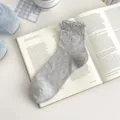 Grey sweet ruffled cotton short socks with cute embroidery bows and side ribbon for women. - One Size / Gray