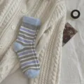Cozy winter fuzzy striped mid-calf socks for women, soft warm grey knit daily wear hosiery. - One Size / Light Blue Sock Cuff