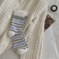 Autumn winter thick fluffy striped mid-calf socks for women japanese cute fuzzy socks - One Size / Grey Blue Stripes with White Cuff